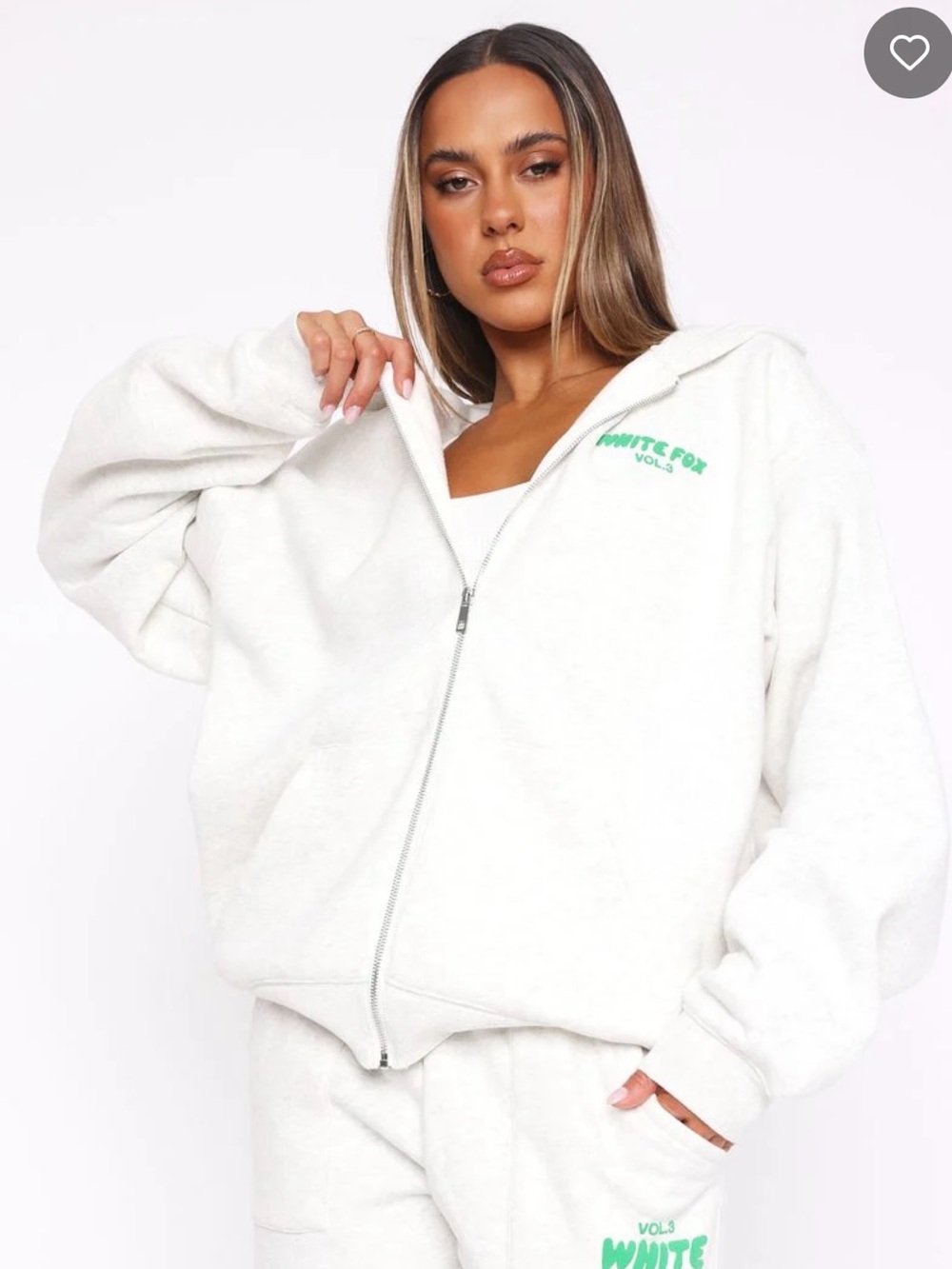 White Fox Boutique Light Grey Zip-Up Hoodie with Green White Fox Logo